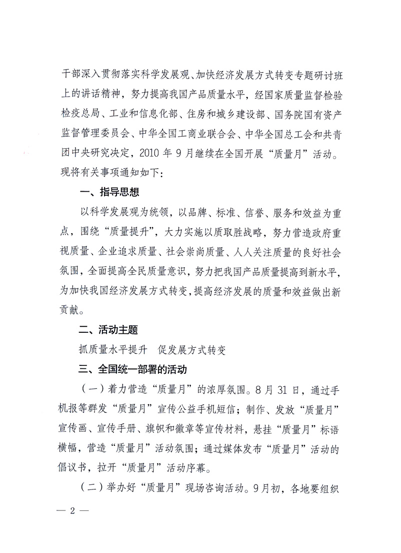 國(guó)家質(zhì)量監(jiān)督檢驗(yàn)檢疫總局、工業(yè)和信息化部、住房和城鄉(xiāng)建設(shè)部、國(guó)務(wù)院國(guó)有資產(chǎn)監(jiān)督管理委員會(huì)、中華全國(guó)工商業(yè)聯(lián)合會(huì)、中華全國(guó)總工會(huì)、共青團(tuán)中央《關(guān)于開展2010年全國(guó)“質(zhì)量月”活動(dòng)的通知》