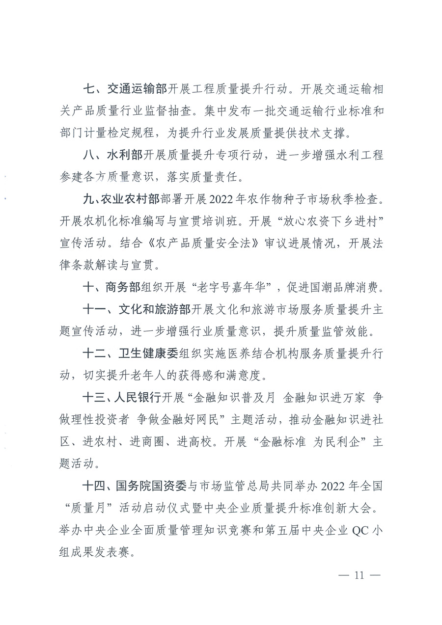 市場(chǎng)監(jiān)管總局等21個(gè)部委(部門(mén))發(fā)文部署開(kāi)展2022年全國(guó)“質(zhì)量月”活動(dòng)(國(guó)市監(jiān)質(zhì)發(fā)〔2022〕76號(hào))